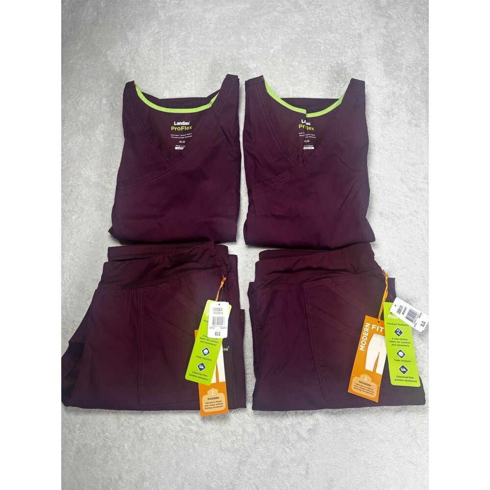 NEW Landau Women’s V-Neck Scrub Sets Wine XL Set Of 4 NWT Pants Top